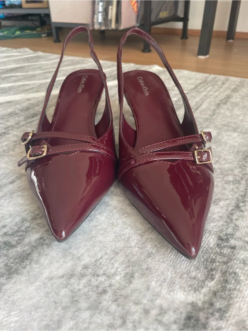 Calvin Klein Glossy Burgundy Patent Pointed Slingback Pumps